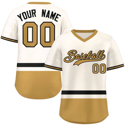 Custom Cream Black-Old Gold Color Block Personalized V-Neck Authentic Pullover Baseball Jersey