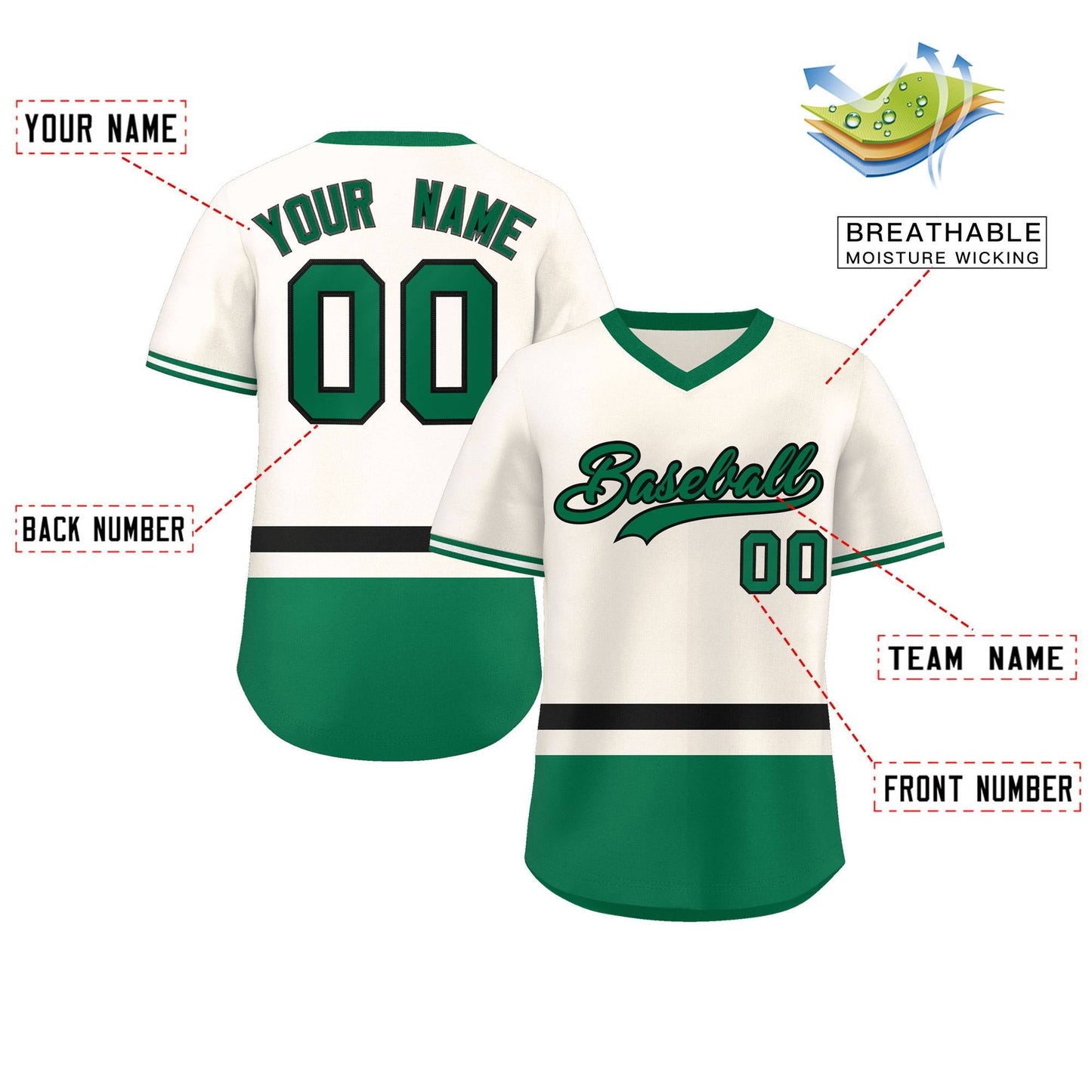 Custom Cream Black-Kelly Green Color Block Personalized V-Neck Authentic Pullover Baseball Jersey