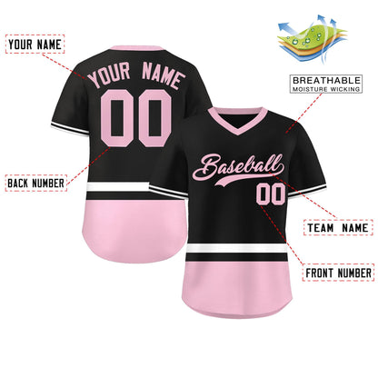 Custom Black White-Light Pink Color Block Personalized V-Neck Authentic Pullover Baseball Jersey