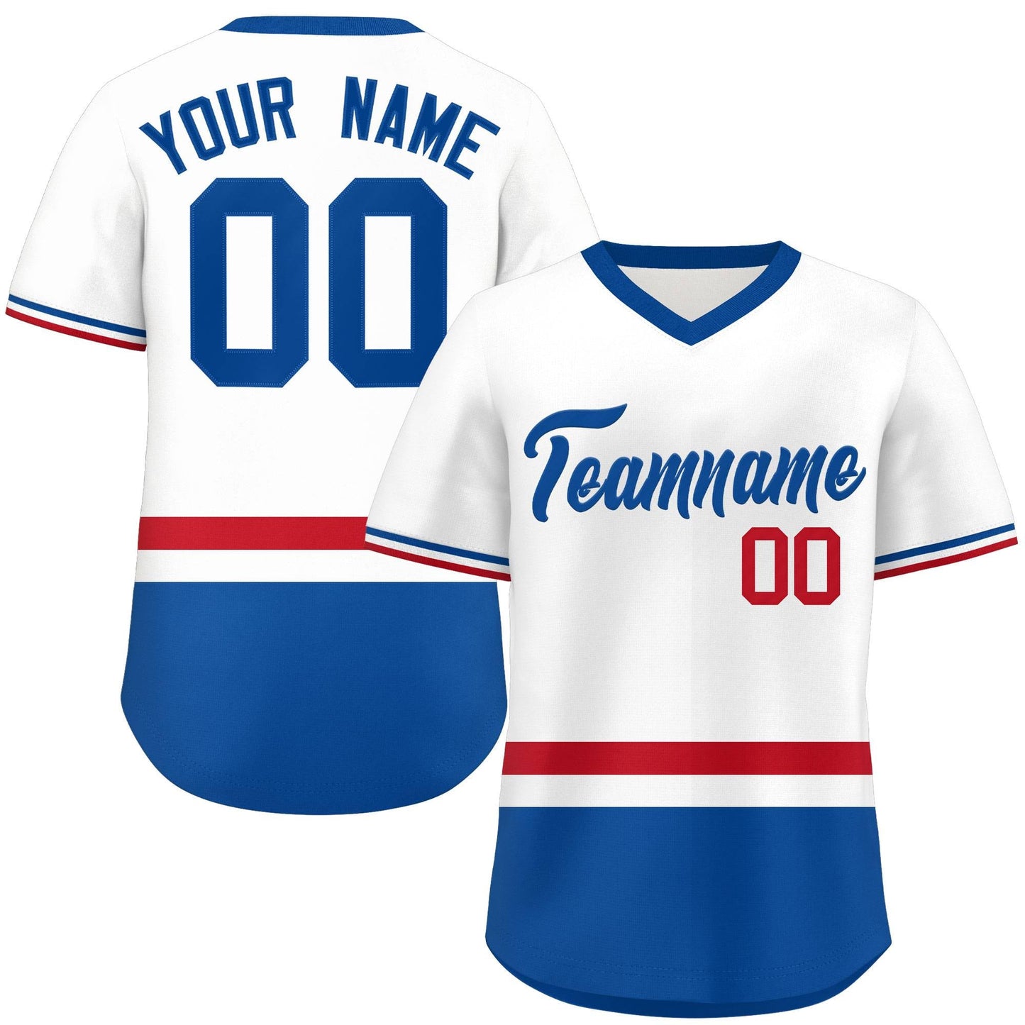 Custom White Red-Royal Color Block Personalized V-Neck Authentic Pullover Baseball Jersey