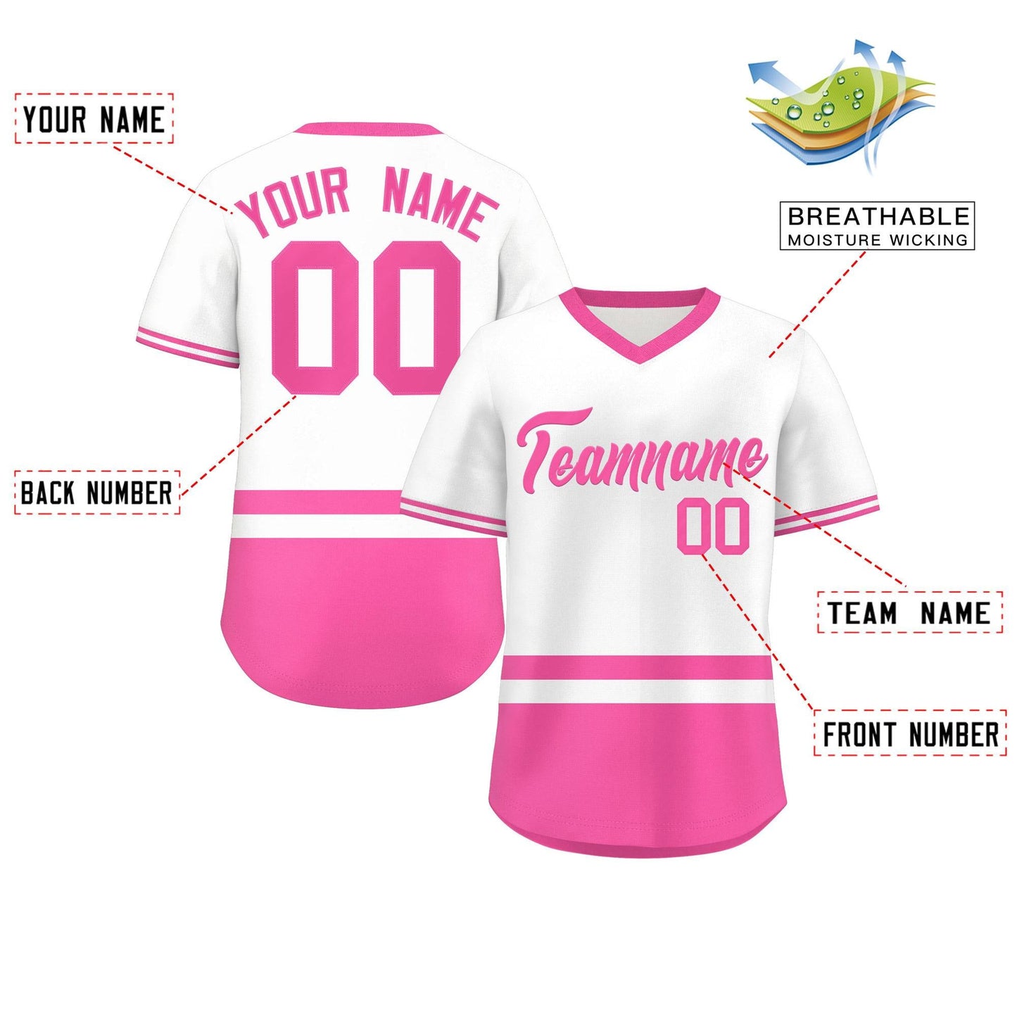 Custom White Pink Color Block Personalized V-Neck Authentic Pullover Baseball Jersey