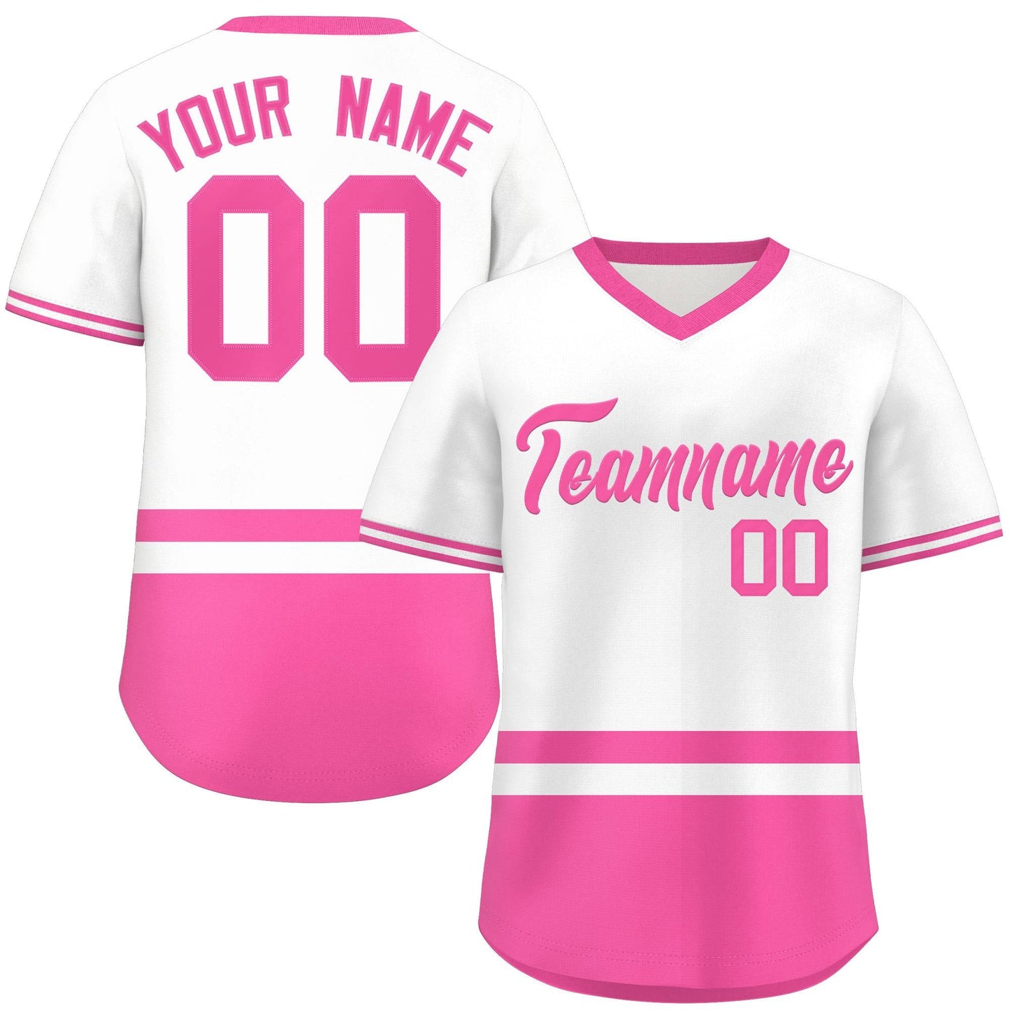 Custom White Pink Color Block Personalized V-Neck Authentic Pullover Baseball Jersey