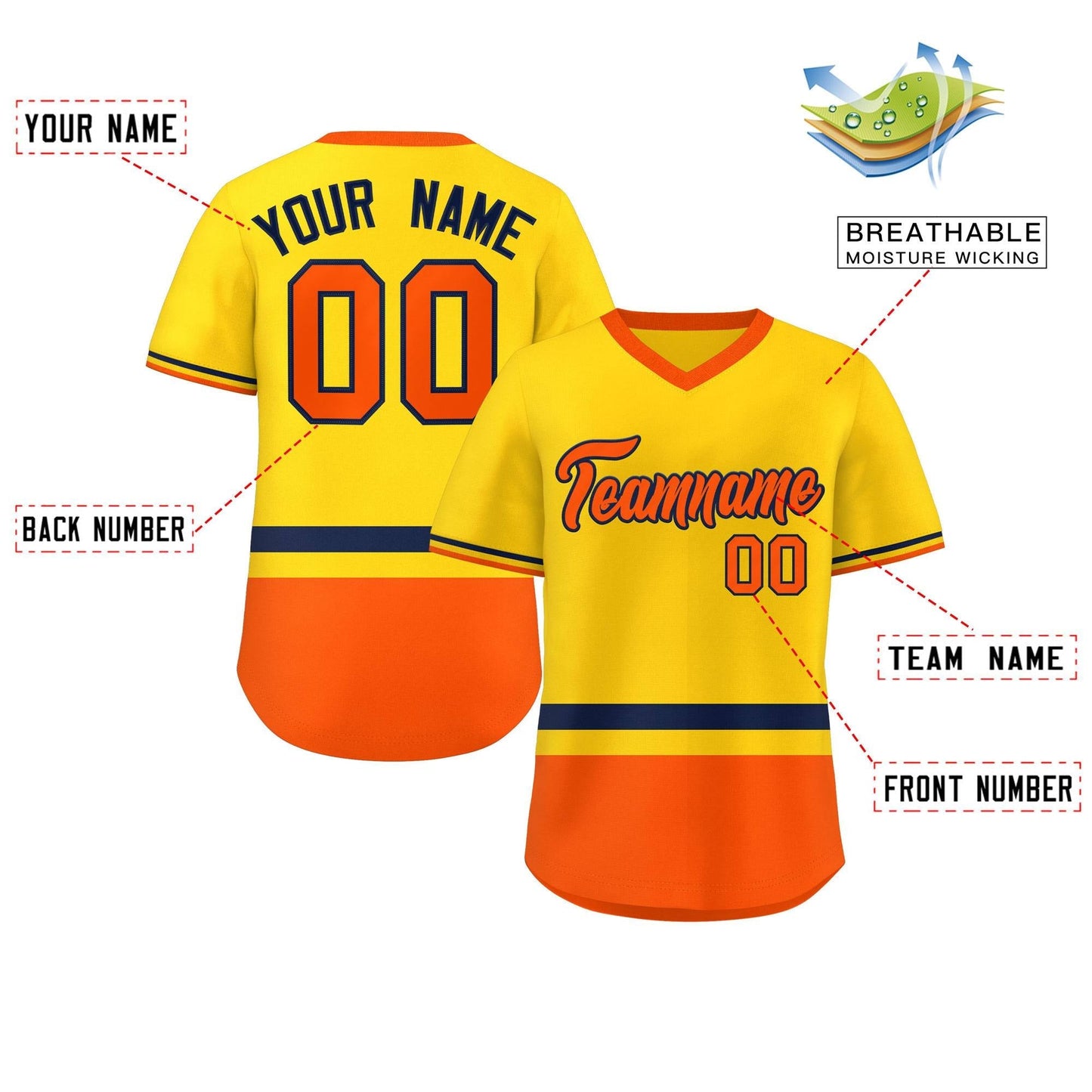 Custom Gold Navy-Orange Color Block Personalized V-Neck Authentic Pullover Baseball Jersey