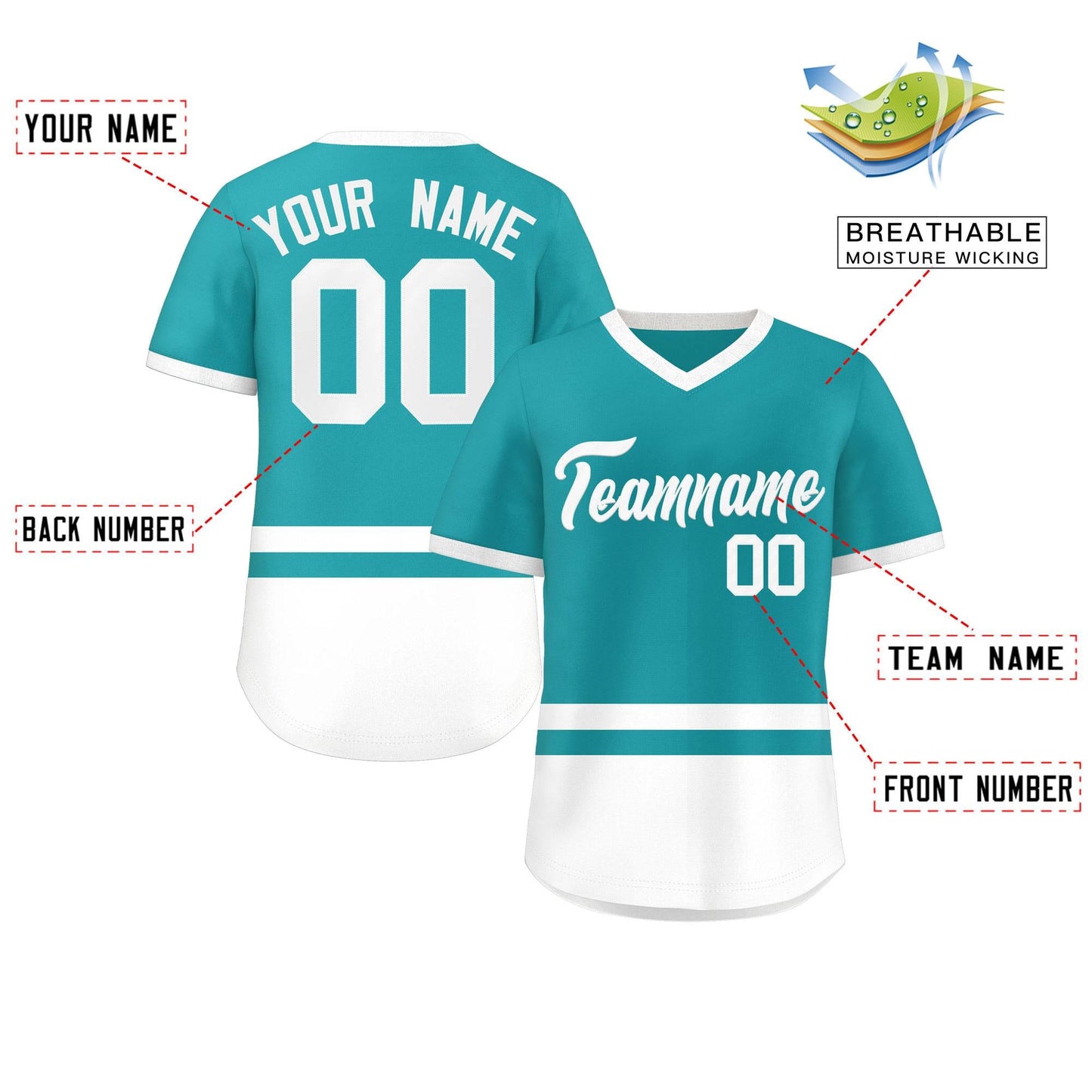 Custom Aqua White Color Block Personalized V-Neck Authentic Pullover Baseball Jersey