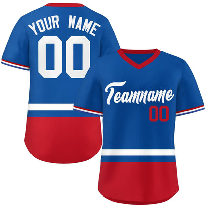 Custom Royal White-Red Color Block Personalized V-Neck Authentic Pullover Baseball Jersey