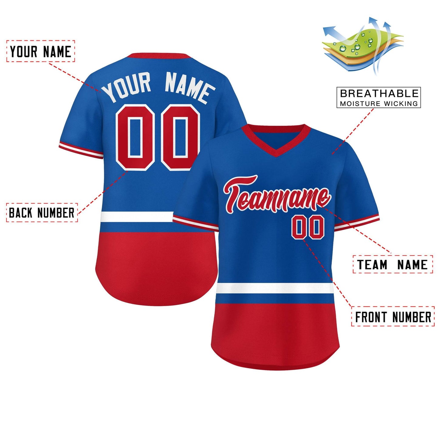 Custom Royal White-Red Color Block Personalized V-Neck Authentic Pullover Baseball Jersey