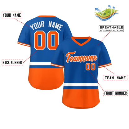 Custom Royal White-Orange Color Block Personalized V-Neck Authentic Pullover Baseball Jersey