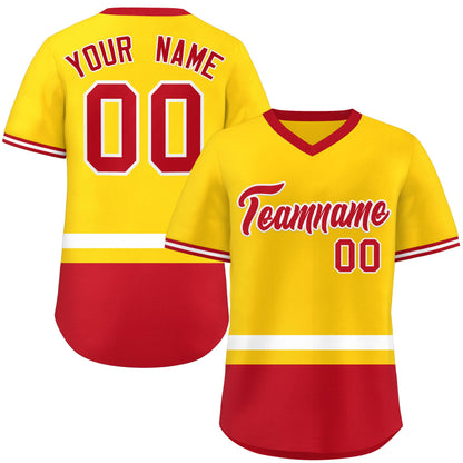 Custom Gold White-Red Color Block Personalized V-Neck Authentic Pullover Baseball Jersey