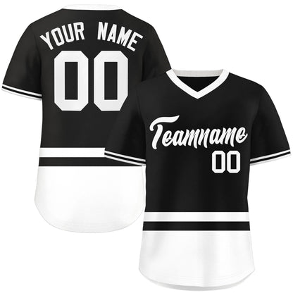 Custom Black White Color Block Personalized V-Neck Authentic Pullover Baseball Jersey