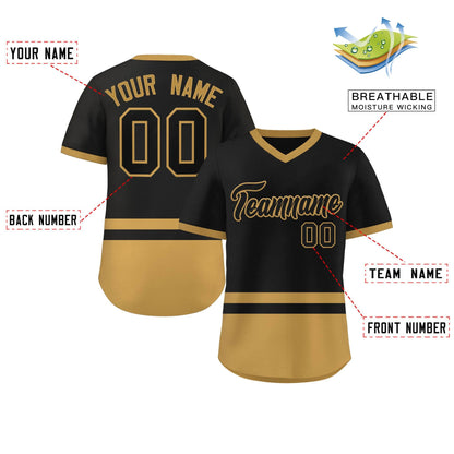 Custom Black Old Gold Color Block Personalized V-Neck Authentic Pullover Baseball Jersey