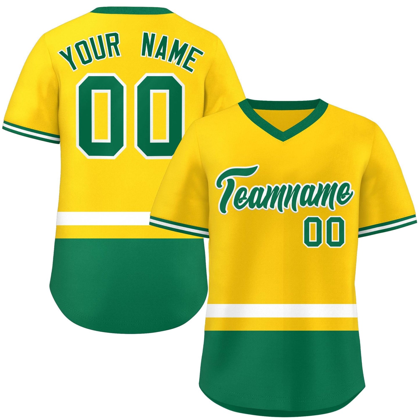 Custom Gold White-Kelly Green Color Block Personalized V-Neck Authentic Pullover Baseball Jersey