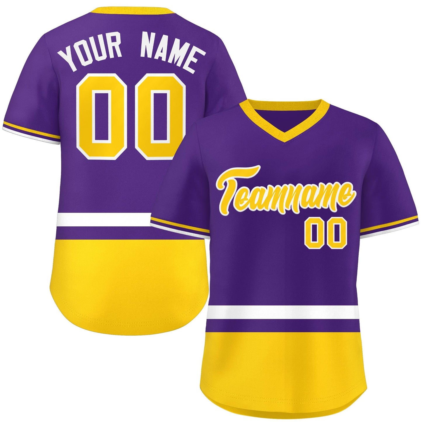 Custom Purple White-Gold Color Block Personalized V-Neck Authentic Pullover Baseball Jersey