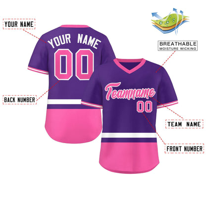 Custom Purple White-Pink Color Block Personalized V-Neck Authentic Pullover Baseball Jersey