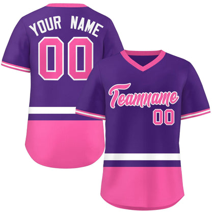 Custom Purple White-Pink Color Block Personalized V-Neck Authentic Pullover Baseball Jersey