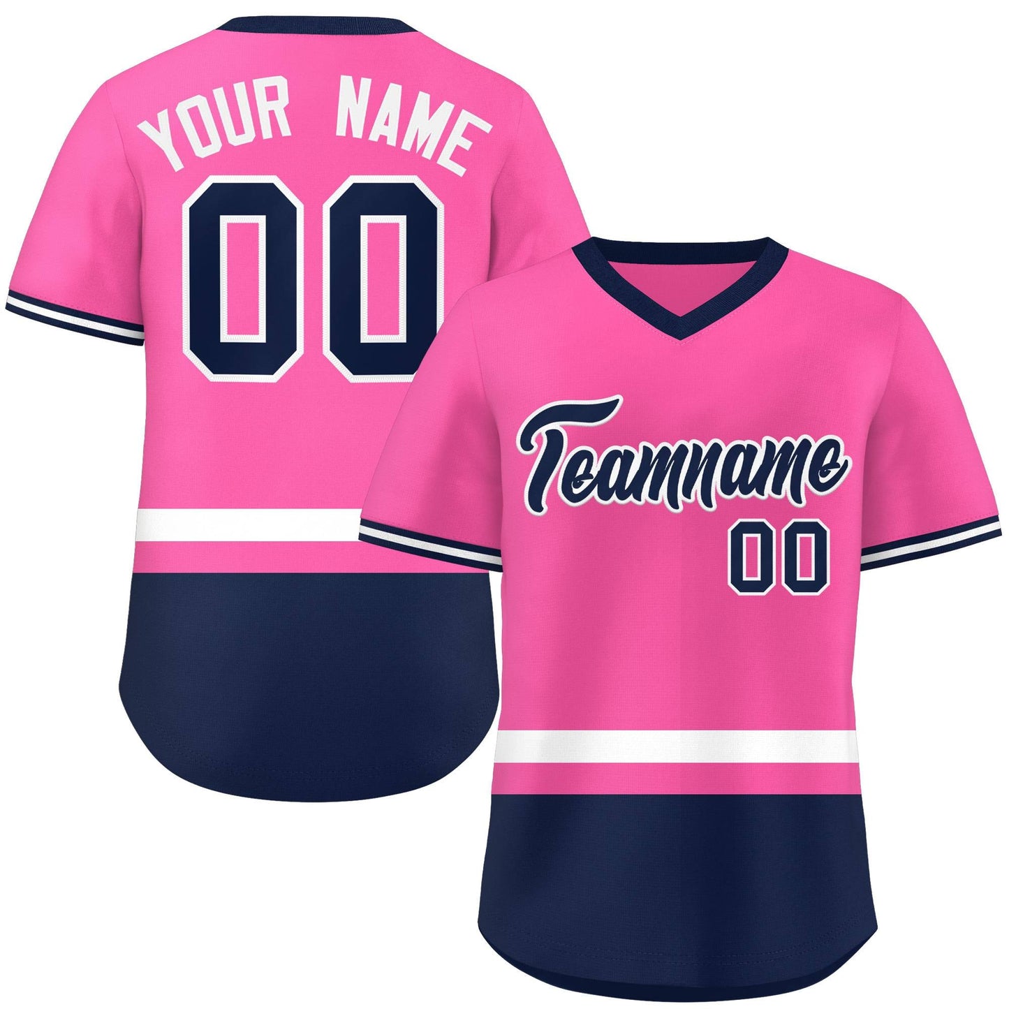 Custom Pink White-Navy Color Block Personalized V-Neck Authentic Pullover Baseball Jersey