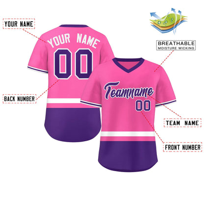 Custom Pink White-Purple Color Block Personalized V-Neck Authentic Pullover Baseball Jersey