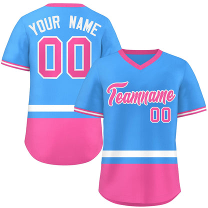 Custom Powder Blue White-Pink Color Block Personalized V-Neck Authentic Pullover Baseball Jersey