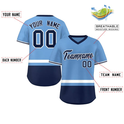 Custom Light Blue White-Navy Color Block Personalized V-Neck Authentic Pullover Baseball Jersey