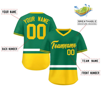 Custom Kelly Green White-Gold Color Block Personalized V-Neck Authentic Pullover Baseball Jersey