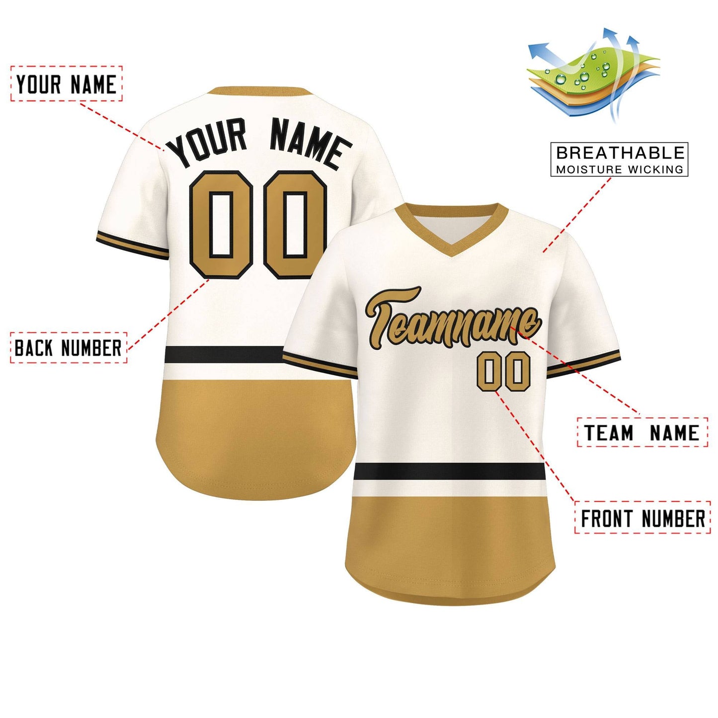 Custom Cream Black-Old Gold Color Block Personalized V-Neck Authentic Pullover Baseball Jersey