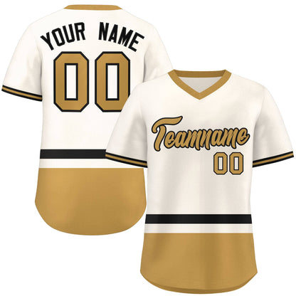 Custom Cream Black-Old Gold Color Block Personalized V-Neck Authentic Pullover Baseball Jersey