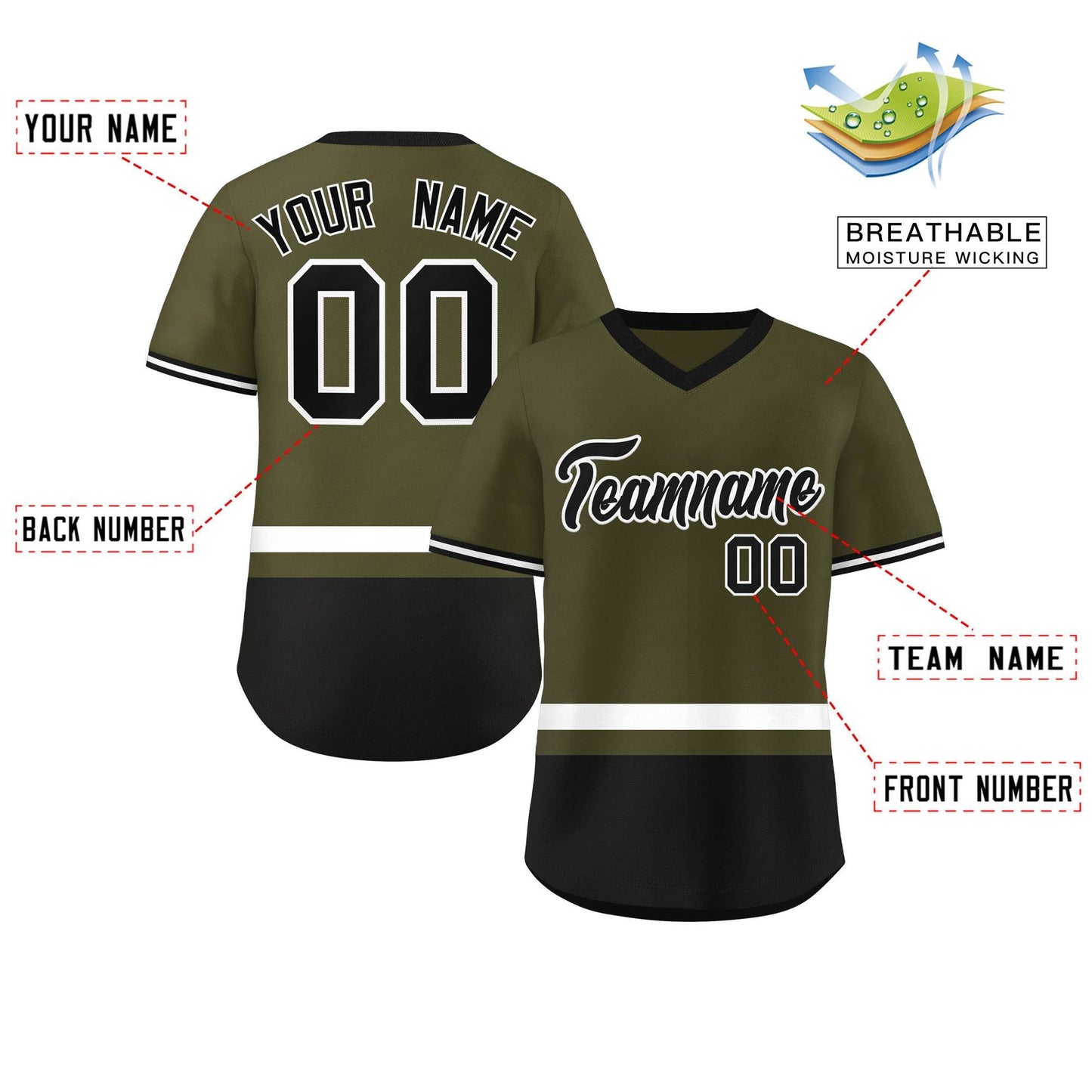 Custom Olive White-Black Color Block Personalized V-Neck Authentic Pullover Baseball Jersey