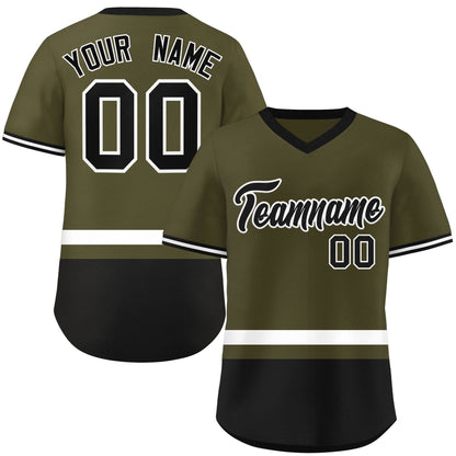 Custom Olive White-Black Color Block Personalized V-Neck Authentic Pullover Baseball Jersey