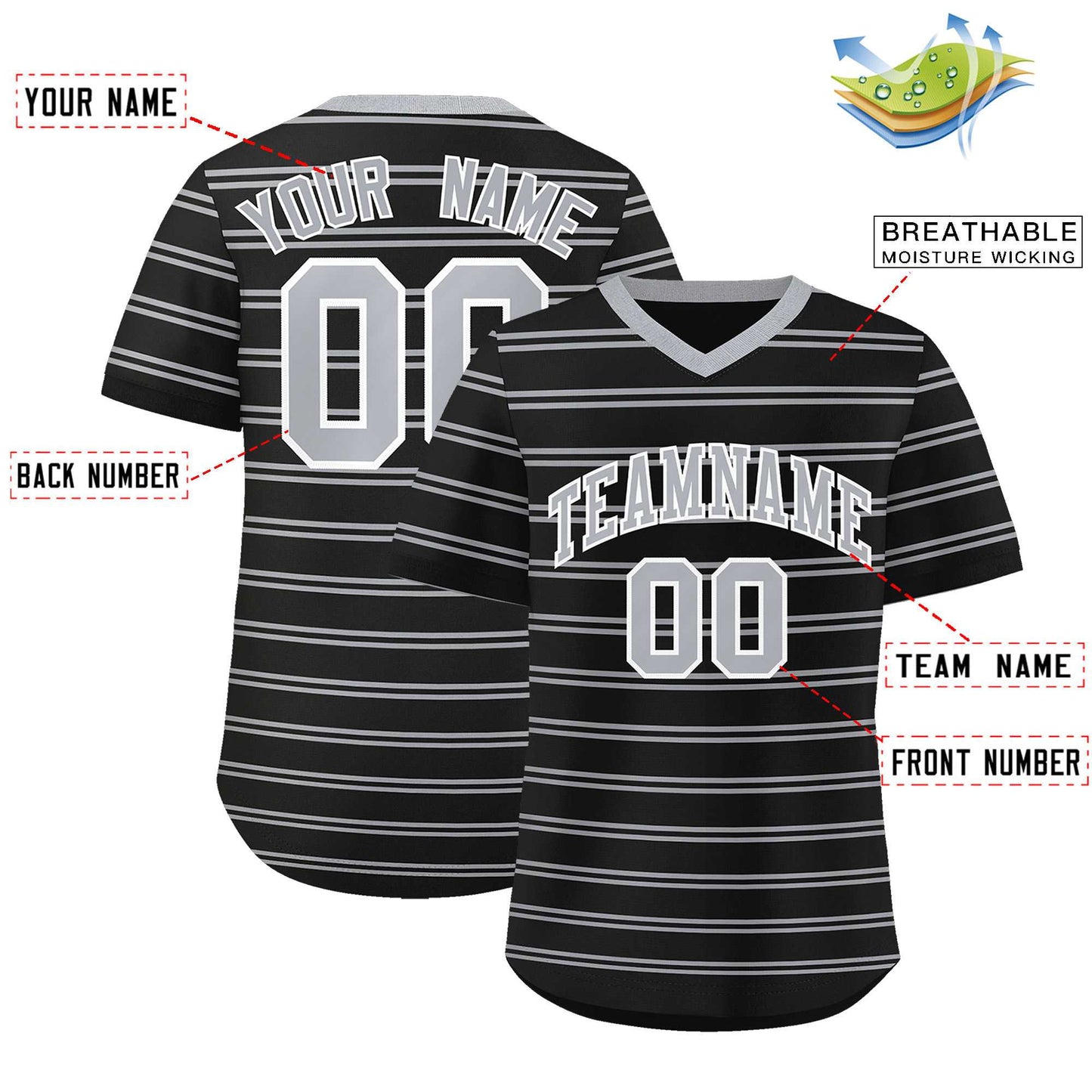 Custom Black Gray Personalized Horizontal Stripe Authentic Pullover Baseball Jersey