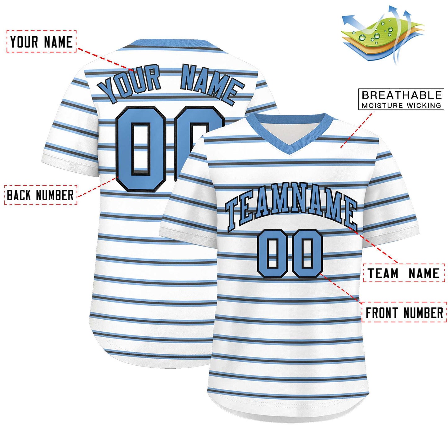 Custom White Light Blue-Black Personalized Horizontal Stripe Authentic Pullover Baseball Jersey