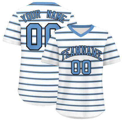 Custom White Light Blue-Black Personalized Horizontal Stripe Authentic Pullover Baseball Jersey