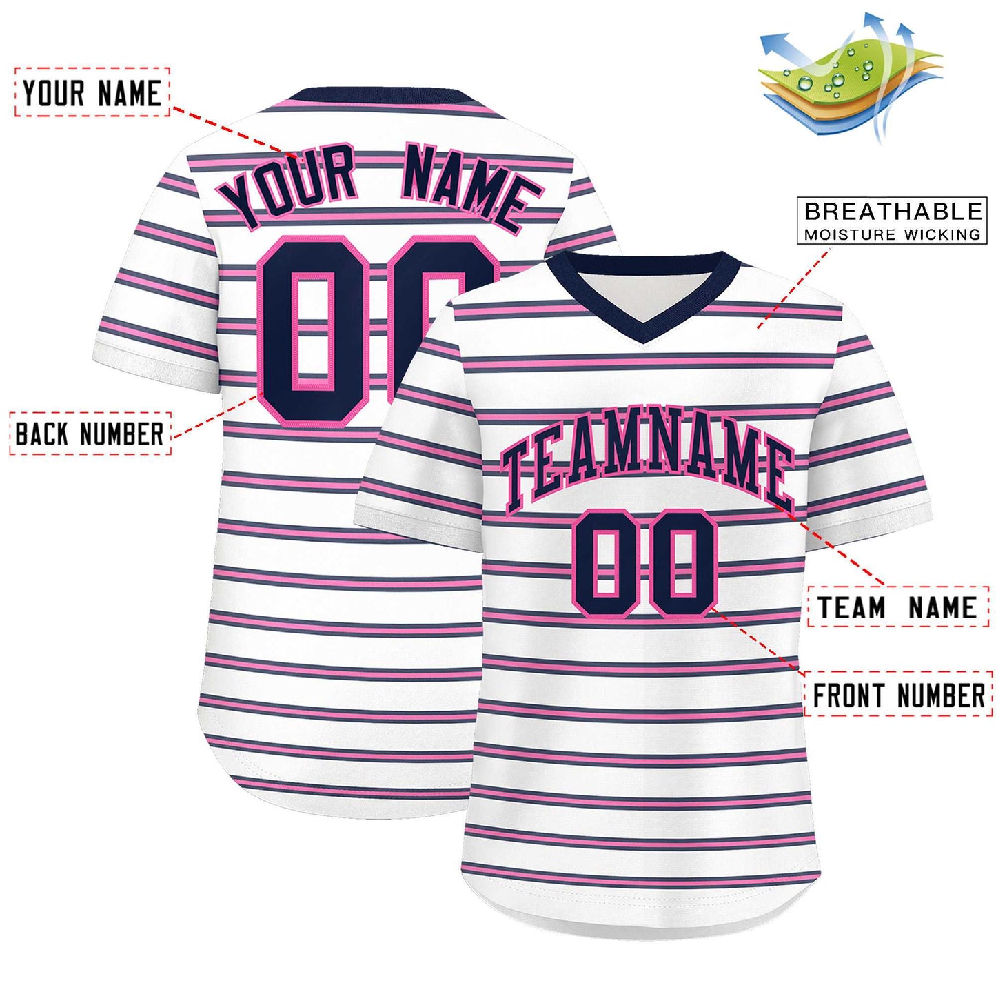 Custom White Navy-Pink Personalized Horizontal Stripe Authentic Pullover Baseball Jersey