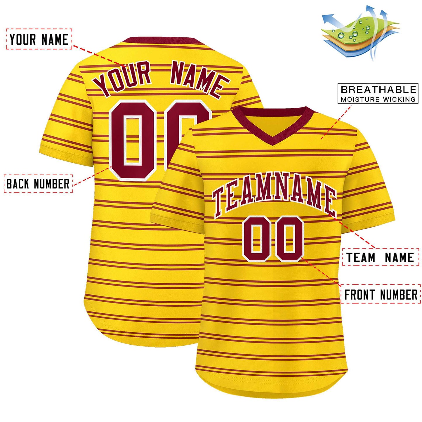 Custom Gold Crimson Personalized Horizontal Stripe Authentic Pullover Baseball Jersey