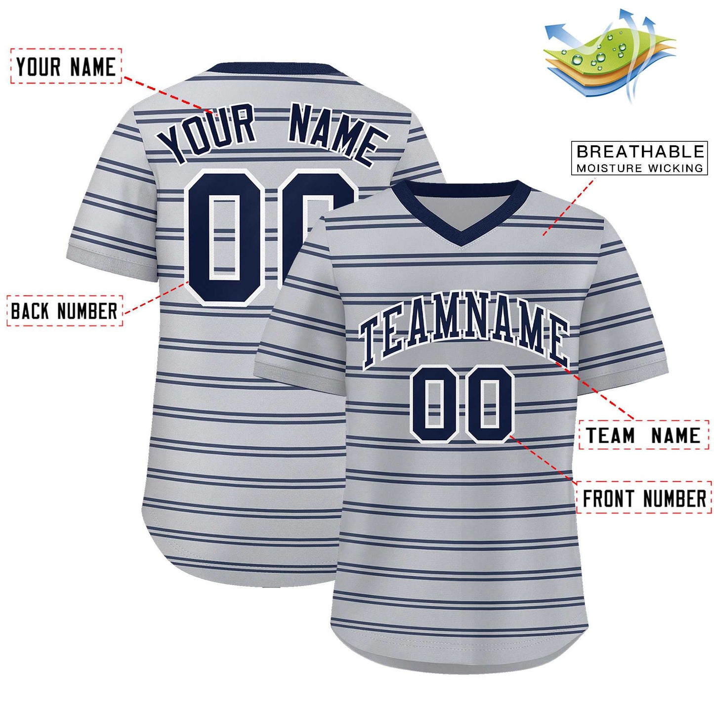 Custom Gray Navy Personalized Horizontal Stripe Authentic Pullover Baseball Jersey