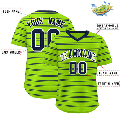 Custom Neon Green Navy Personalized Horizontal Stripe Authentic Pullover Baseball Jersey