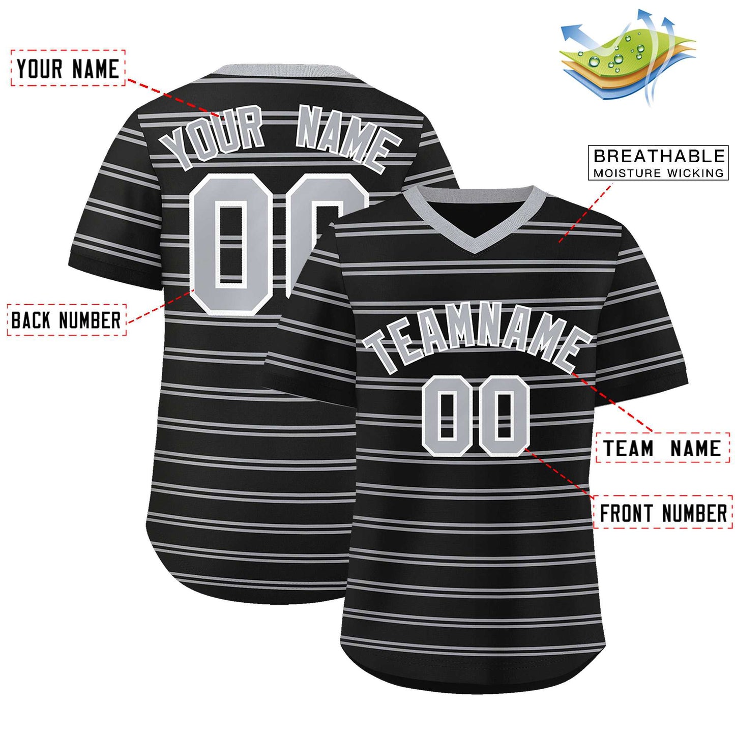 Custom Black Gray Personalized Horizontal Stripe Authentic Pullover Baseball Jersey