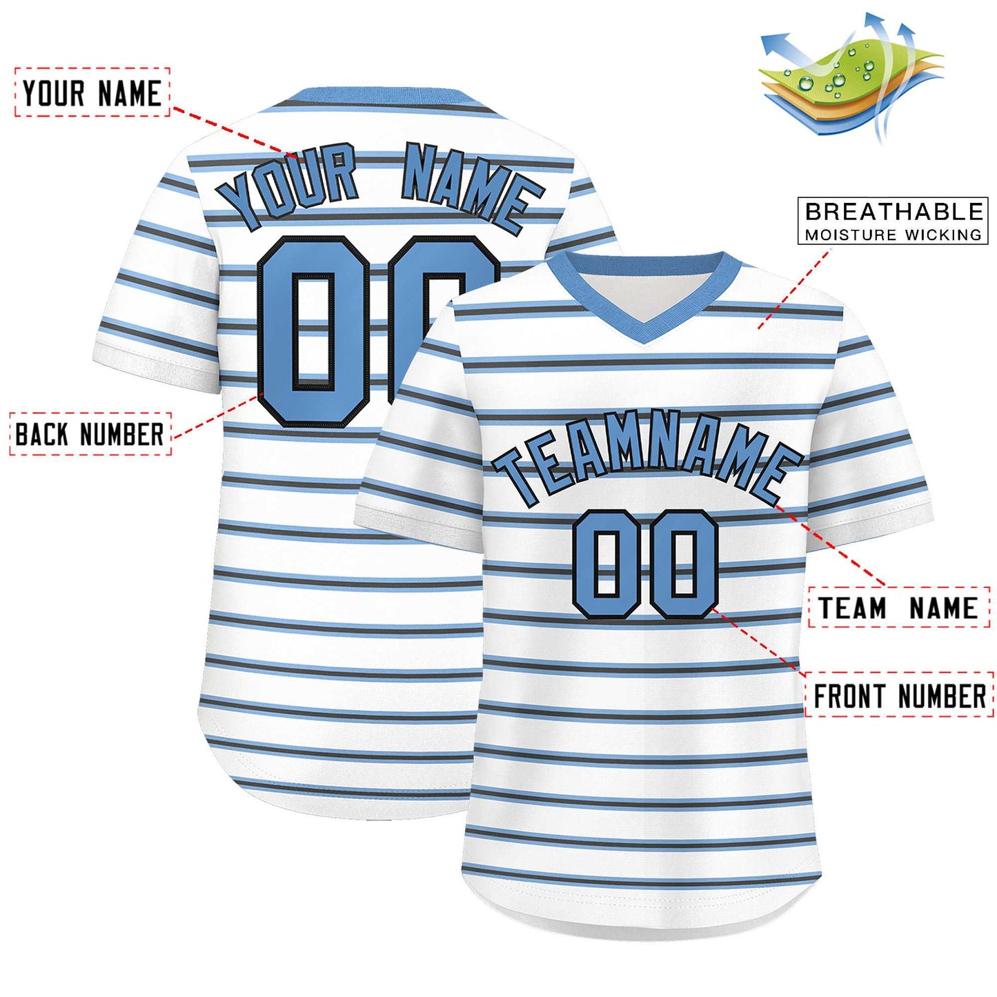 Custom White Light Blue-Black Personalized Horizontal Stripe Authentic Pullover Baseball Jersey