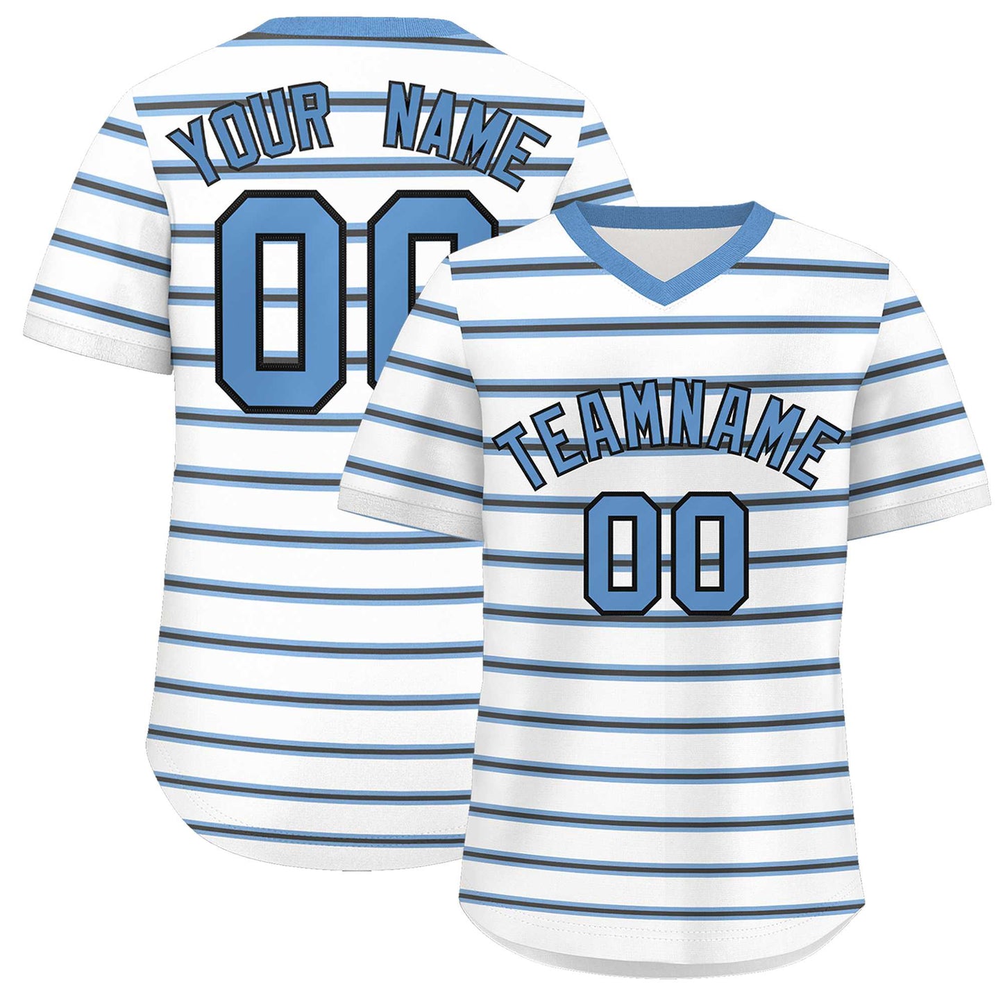 Custom White Light Blue-Black Personalized Horizontal Stripe Authentic Pullover Baseball Jersey