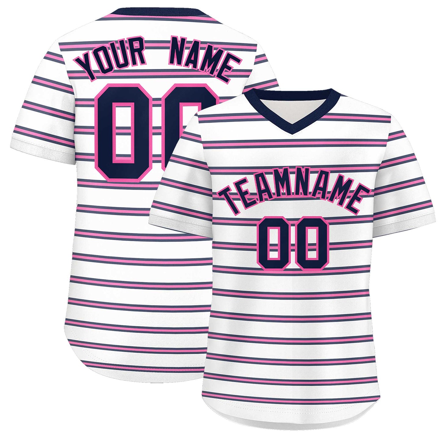 Custom White Navy-Pink Personalized Horizontal Stripe Authentic Pullover Baseball Jersey