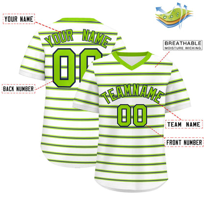 Custom White Neon Green-Navy Personalized Horizontal Stripe Authentic Pullover Baseball Jersey