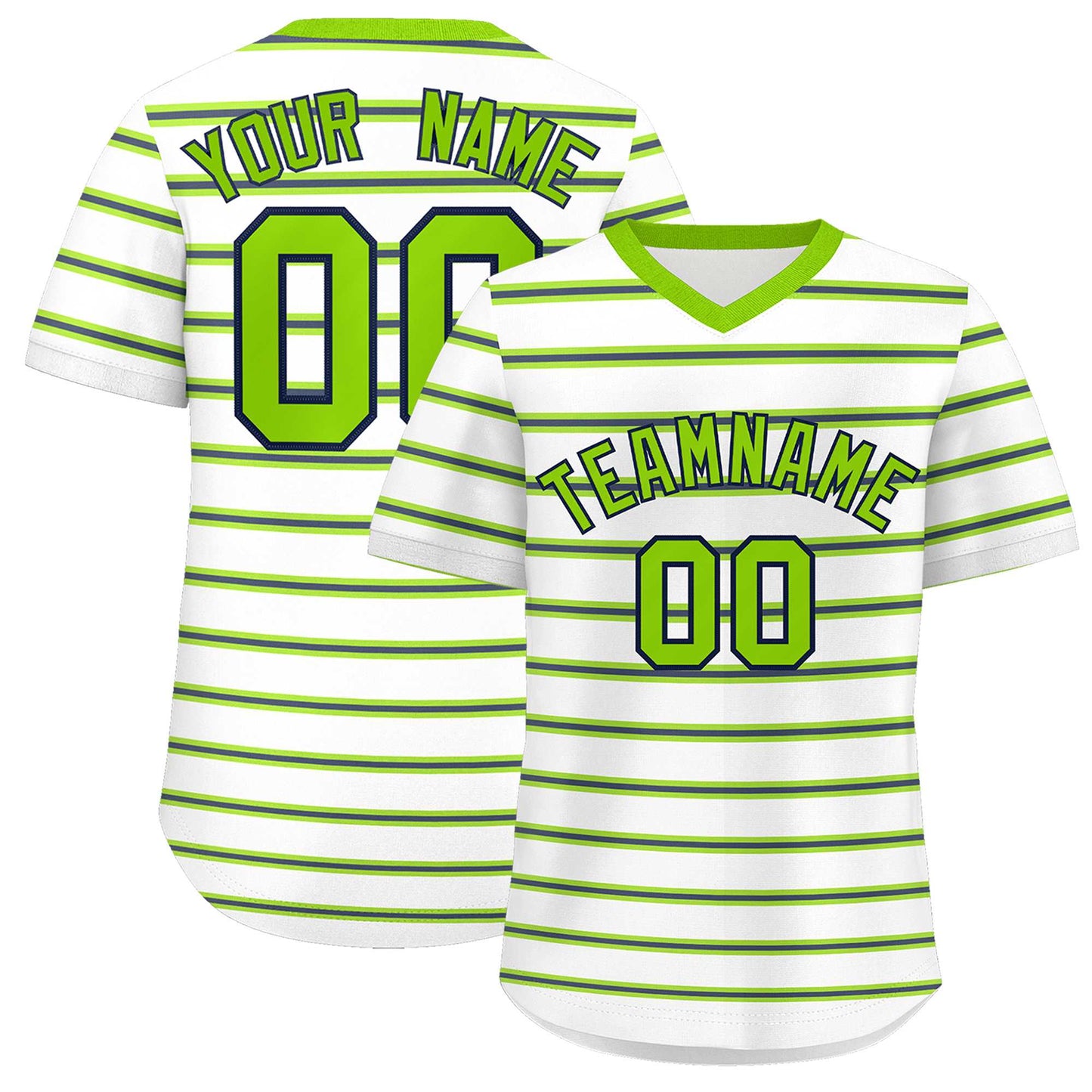 Custom White Neon Green-Navy Personalized Horizontal Stripe Authentic Pullover Baseball Jersey