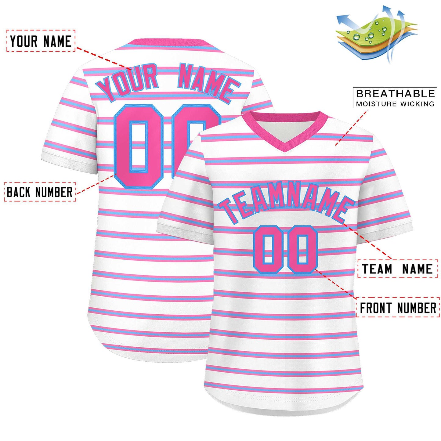 Custom White Pink-Powder Blue Personalized Horizontal Stripe Authentic Pullover Baseball Jersey