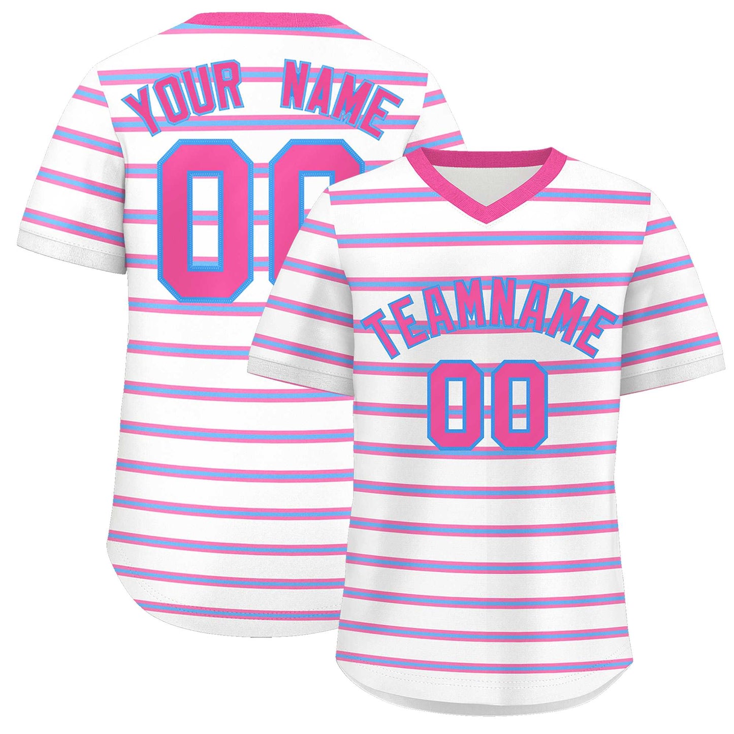 Custom White Pink-Powder Blue Personalized Horizontal Stripe Authentic Pullover Baseball Jersey