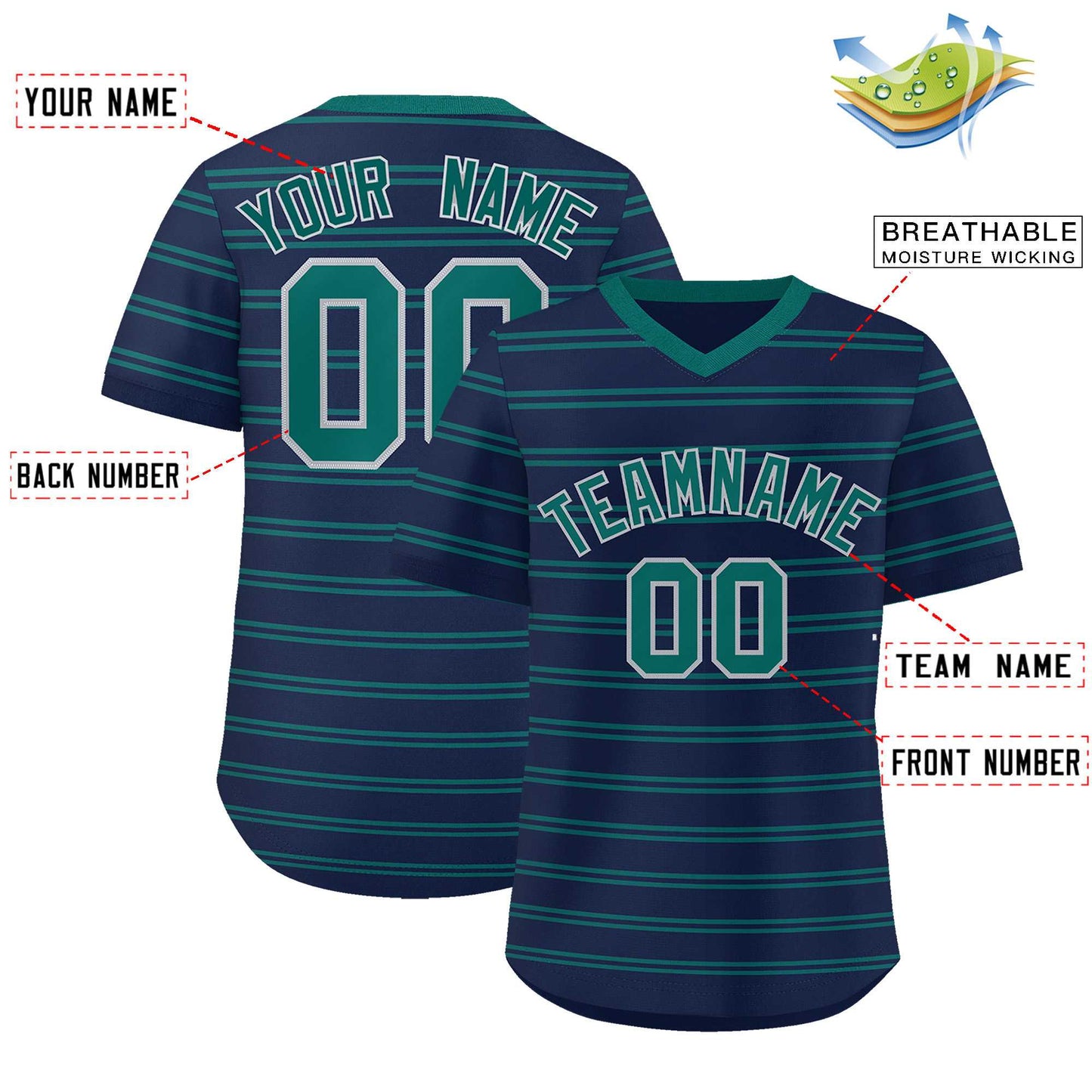 Custom Navy Aqua Personalized Horizontal Stripe Authentic Pullover Baseball Jersey