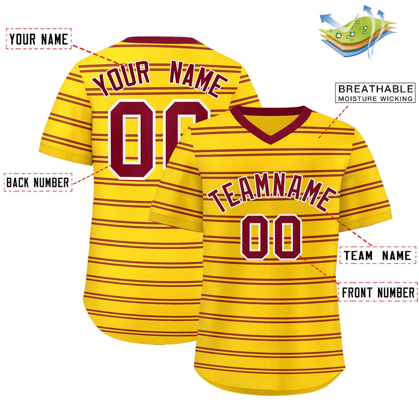 Custom Gold Crimson Personalized Horizontal Stripe Authentic Pullover Baseball Jersey