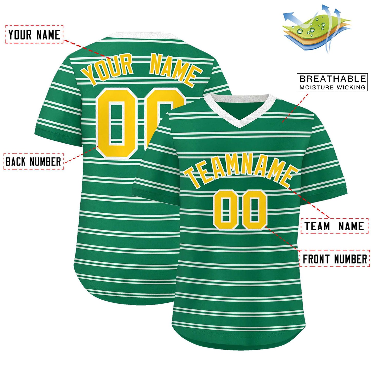 Custom Kelly Green White Personalized Horizontal Stripe Authentic Pullover Baseball Jersey