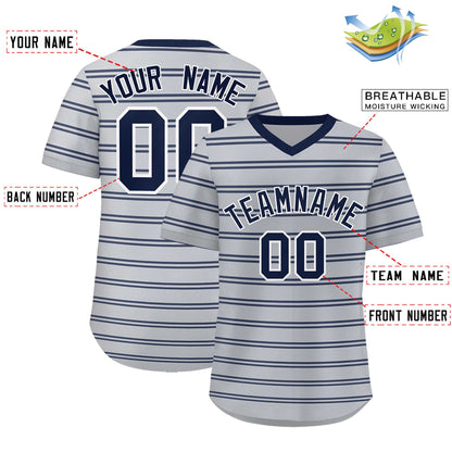 Custom Gray Navy Personalized Horizontal Stripe Authentic Pullover Baseball Jersey