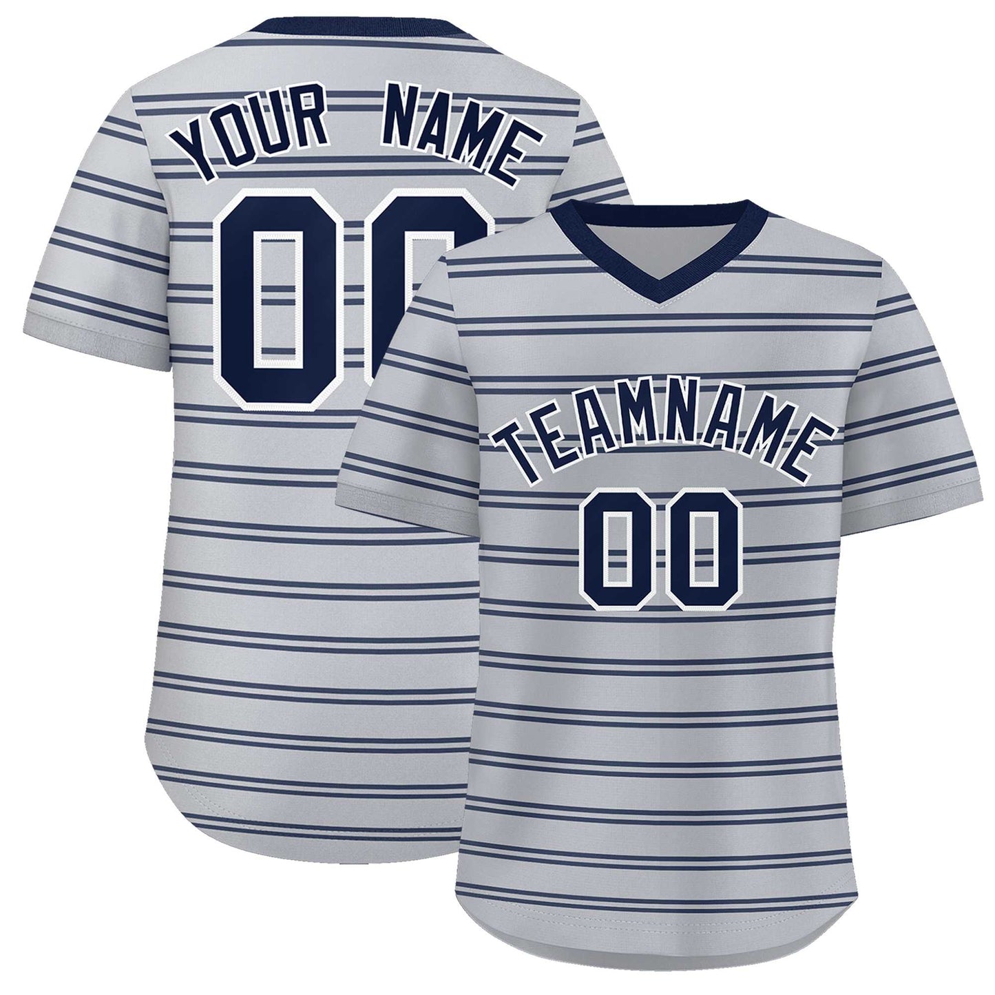 Custom Gray Navy Personalized Horizontal Stripe Authentic Pullover Baseball Jersey