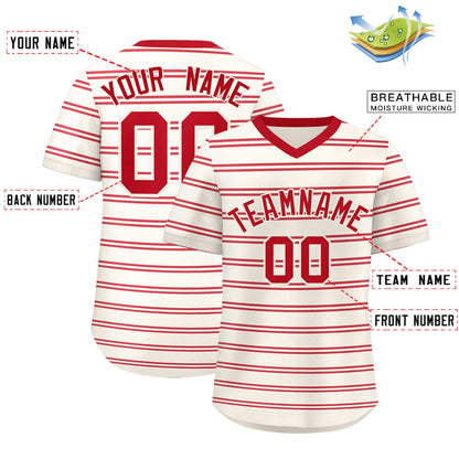 Custom Cream Red Personalized Horizontal Stripe Authentic Pullover Baseball Jersey