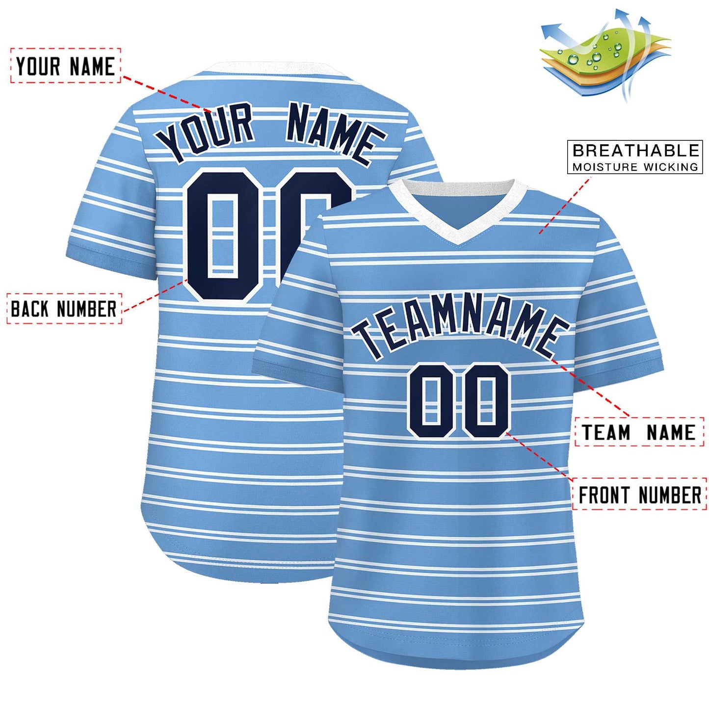 Custom Light Blue White Personalized Horizontal Stripe Authentic Pullover Baseball Jersey