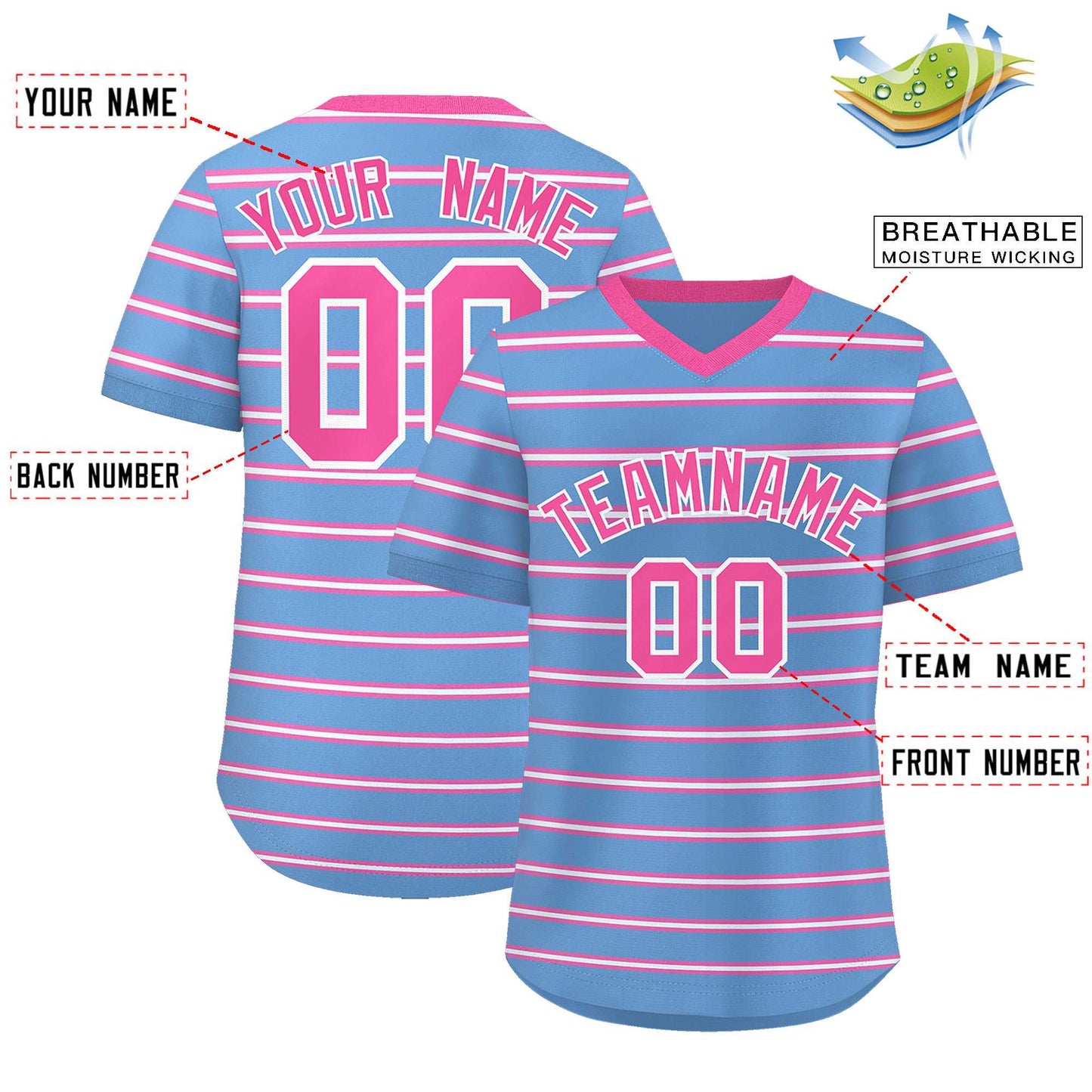 Custom Light Blue Pink-White Personalized Horizontal Stripe Authentic Pullover Baseball Jersey